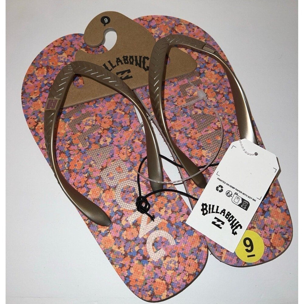 billabong gold flip flops with logo size 9 nwt